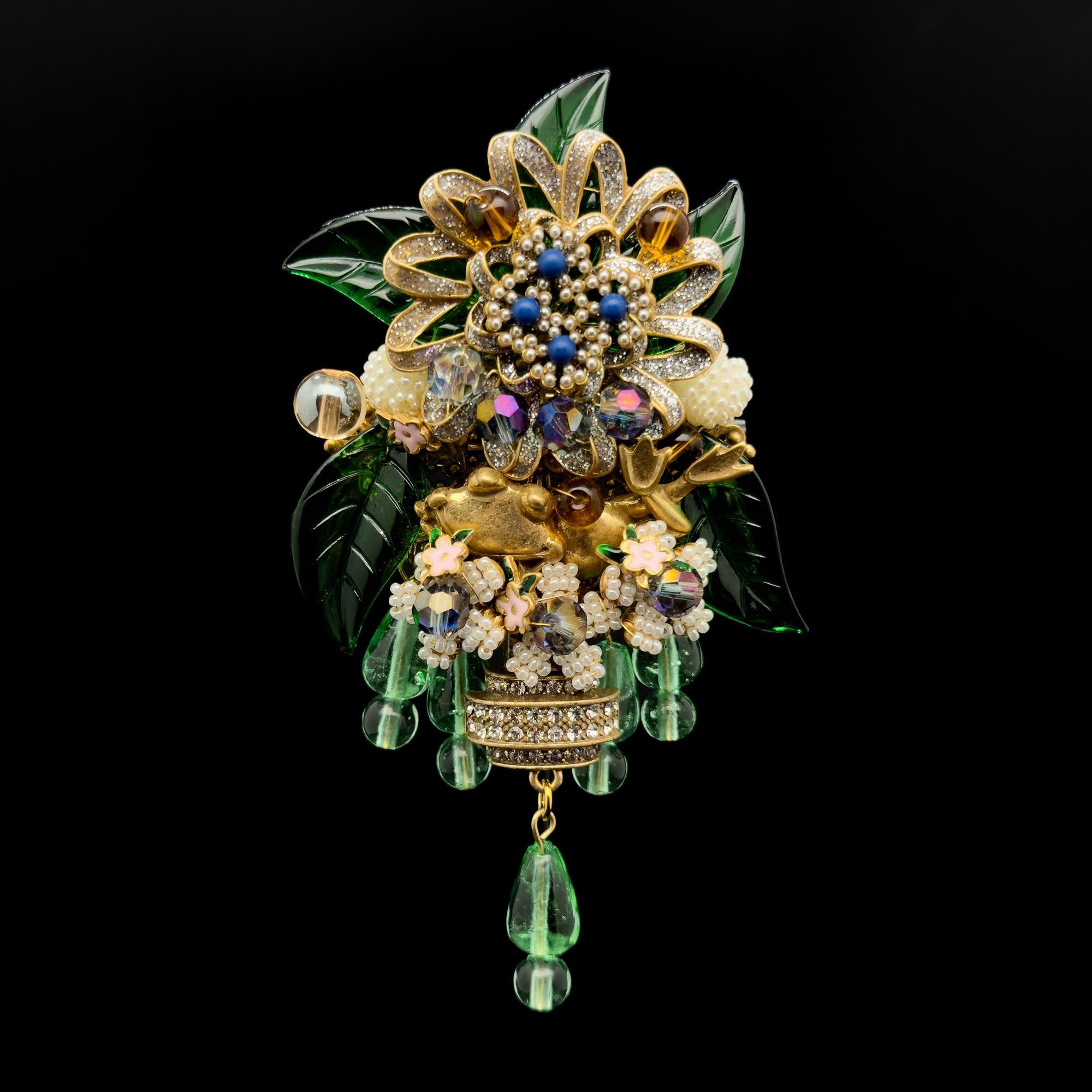 Large Art Deco Flower Brooch Beaded Rhinestone Crystal Woven Pin