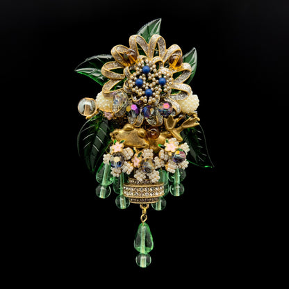 Large Art Deco Flower Brooch Beaded Rhinestone Crystal Woven Pin