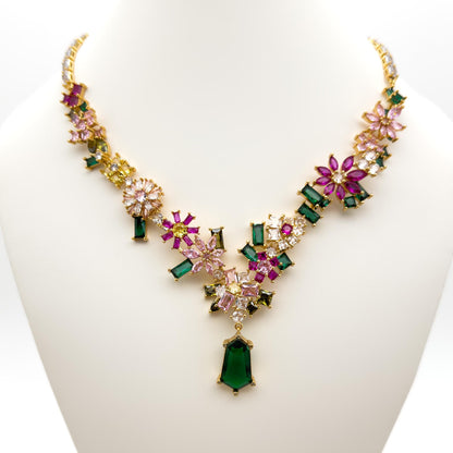 French Zircon Flower Jewellery Set – Luxury Necklace, Brooch, Earrings