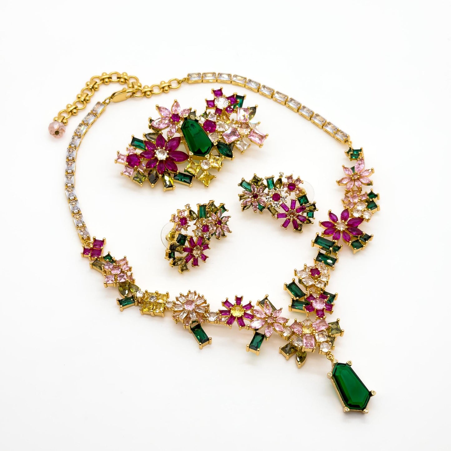 French Zircon Flower Jewellery Set – Luxury Necklace, Brooch, Earrings
