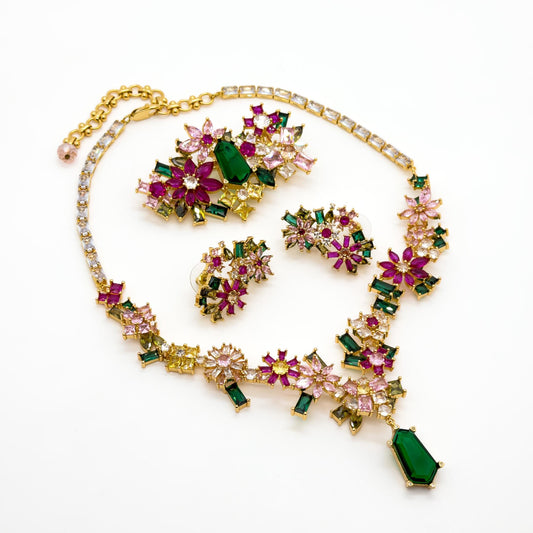 French Zircon Flower Jewellery Set – Luxury Necklace, Brooch, Earrings
