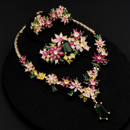 French Zircon Flower Jewellery Set – Luxury Necklace, Brooch, Earrings