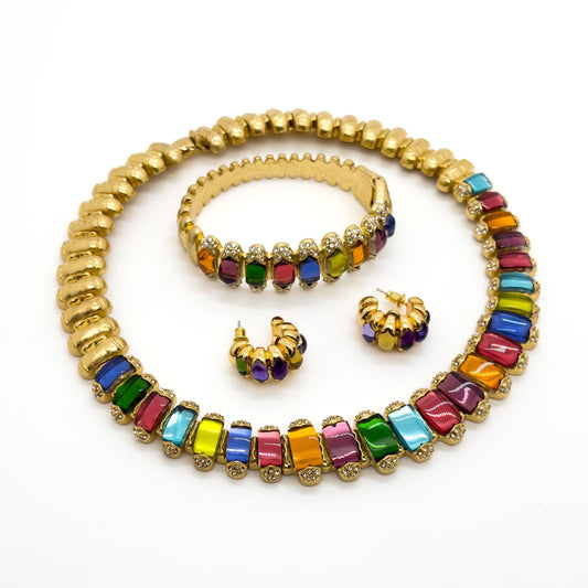 Vintage Palace-Style Colourful Crystal Necklace, Bracelet and Earrings Set