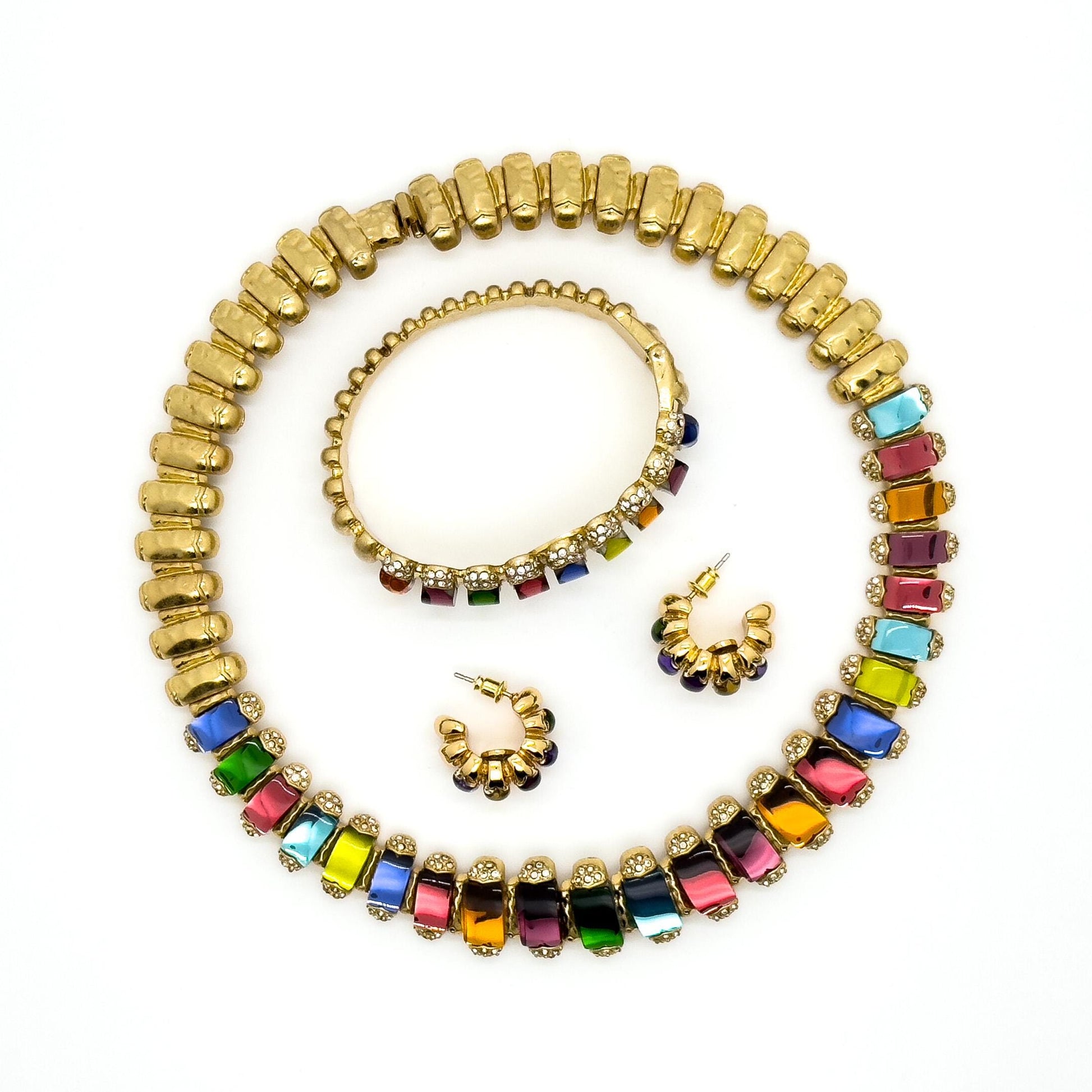 Vintage Palace-Style Colourful Crystal Necklace, Bracelet and Earrings Set