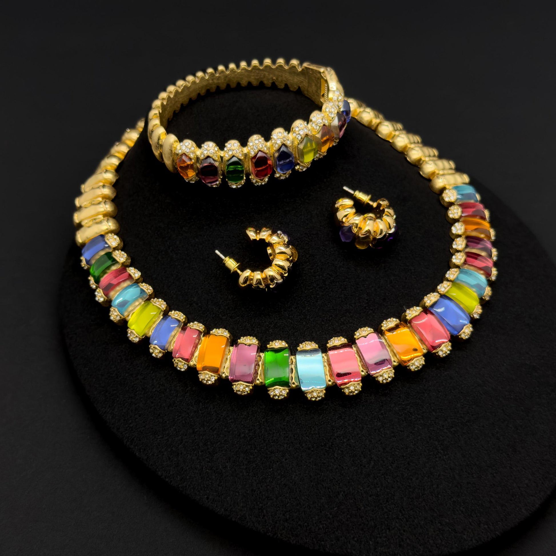 Vintage Palace-Style Colourful Crystal Necklace, Bracelet and Earrings Set