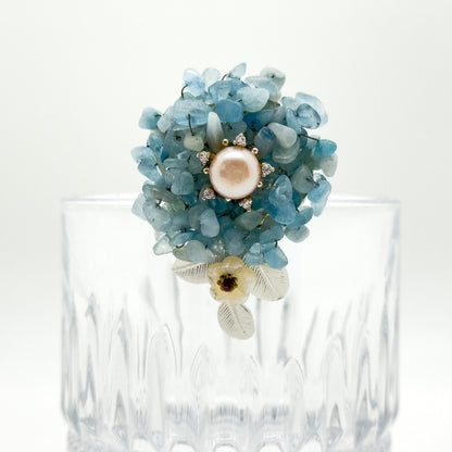 Blue Stone Flower Brooch with Pearl Accent in Copper