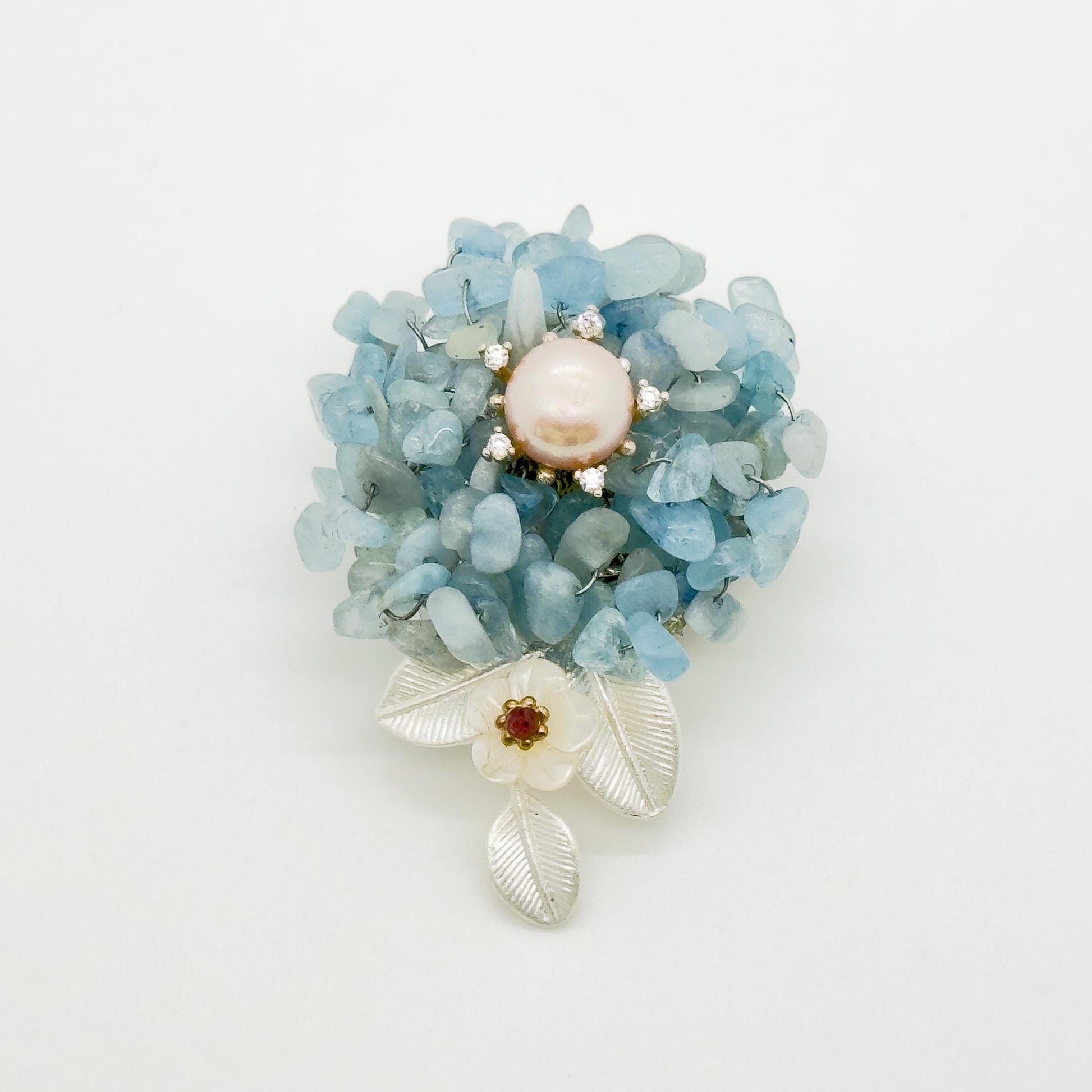 Blue Stone Flower Brooch with Pearl Accent in Copper