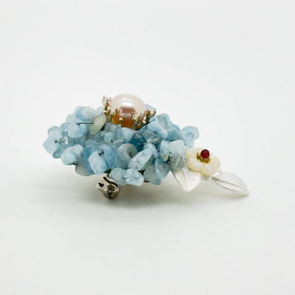 Blue Stone Flower Brooch with Pearl Accent in Copper