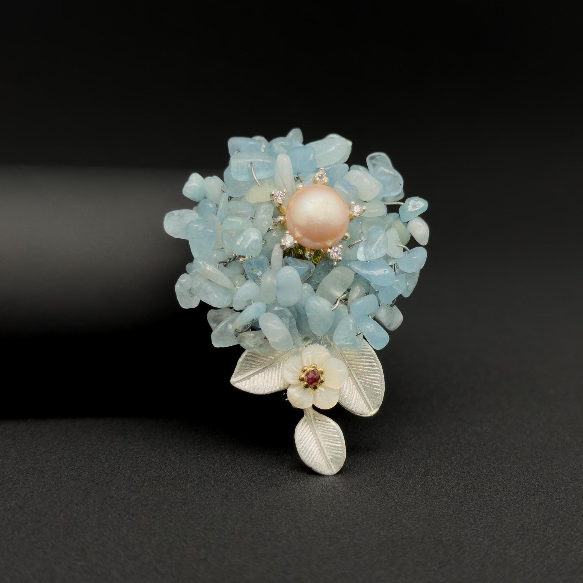 Blue Stone Flower Brooch with Pearl Accent in Copper