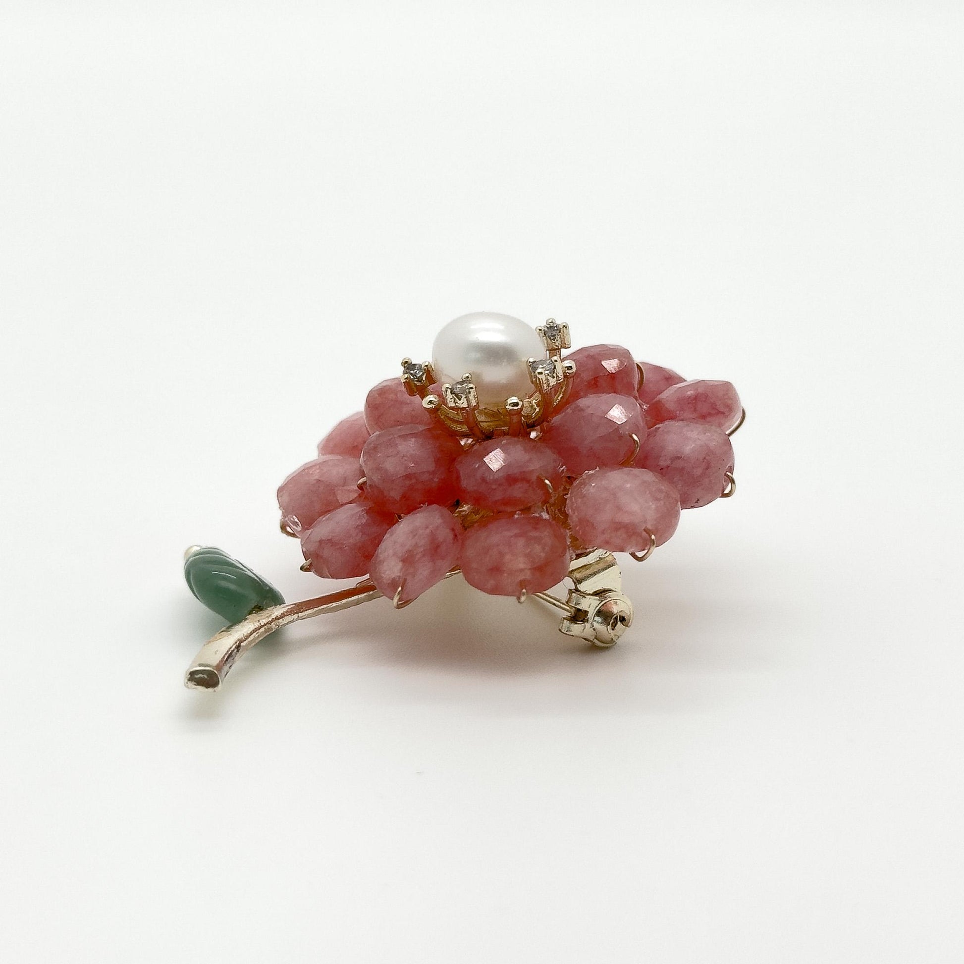 Handmade Pink Stone Flower Brooch with Pearl Copper Pin