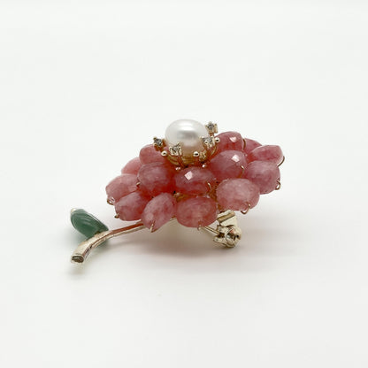 Handmade Pink Stone Flower Brooch with Pearl Copper Pin