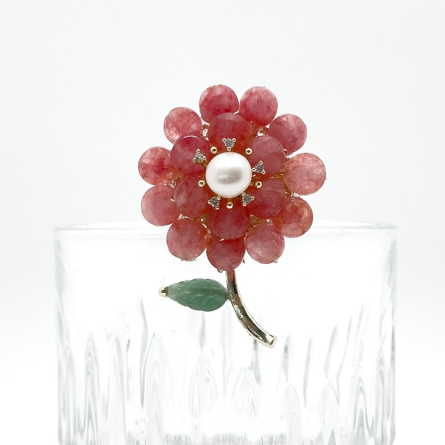Handmade Pink Stone Flower Brooch with Pearl Copper Pin