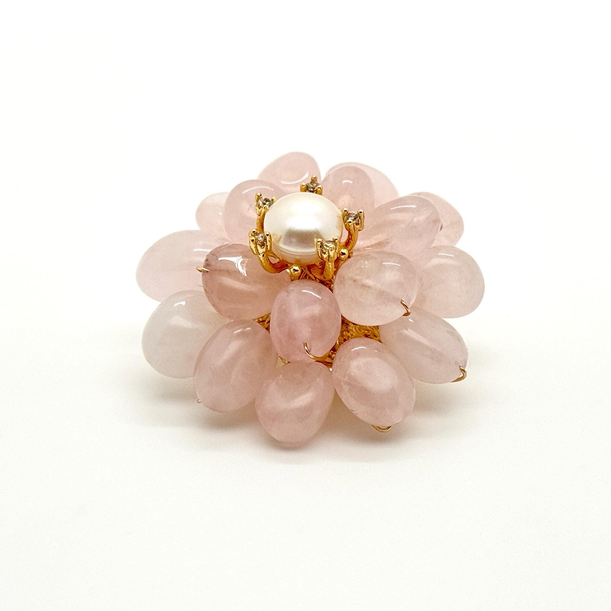 Handmade Pink Stone Flower Brooch with Pearl Copper Pin