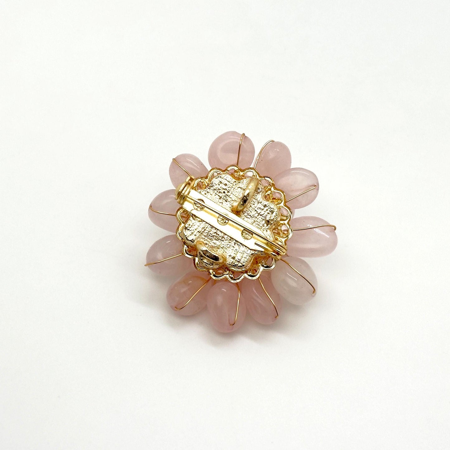 Handmade Pink Stone Flower Brooch with Pearl Copper Pin