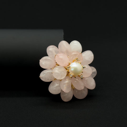 Handmade Pink Stone Flower Brooch with Pearl Copper Pin