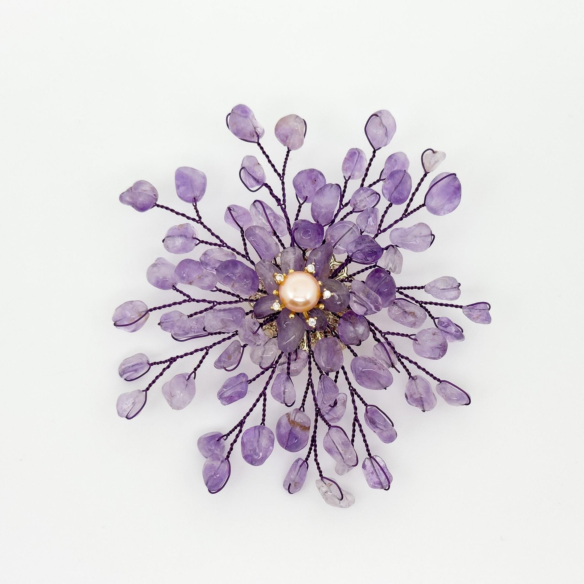 Handmade Purple Crystal Brooch with Pearl Accents and Copper Setting