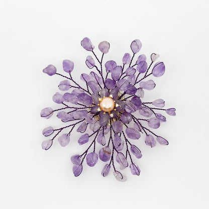 Handmade Purple Crystal Brooch with Pearl Accents and Copper Setting