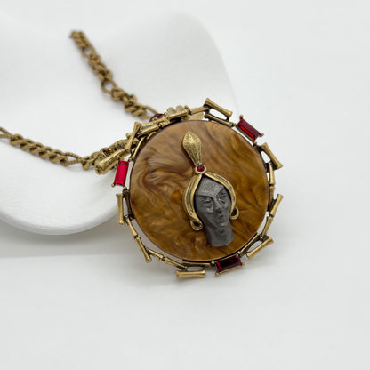 Art Deco Vintage Portrait Pendant Necklace with Zircon Copper