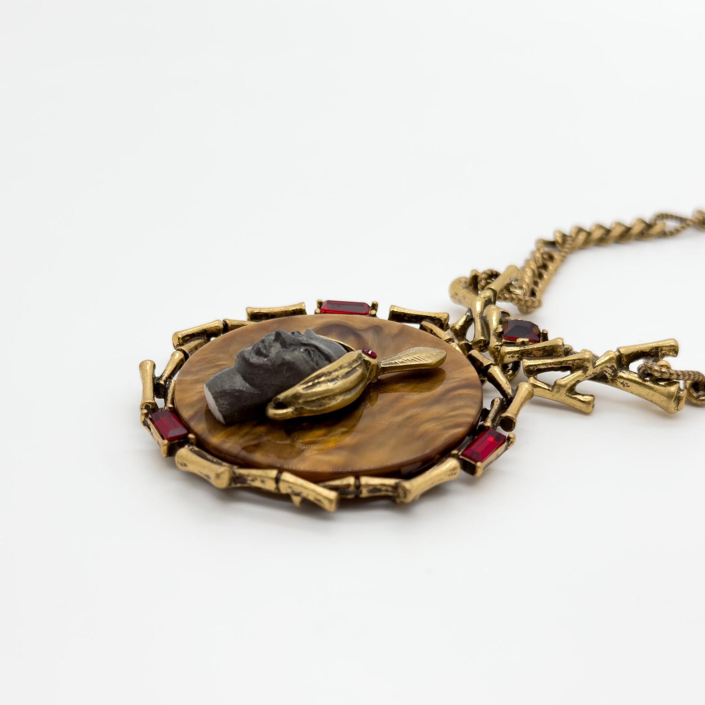 Art Deco Vintage Portrait Pendant Necklace with Zircon Copper