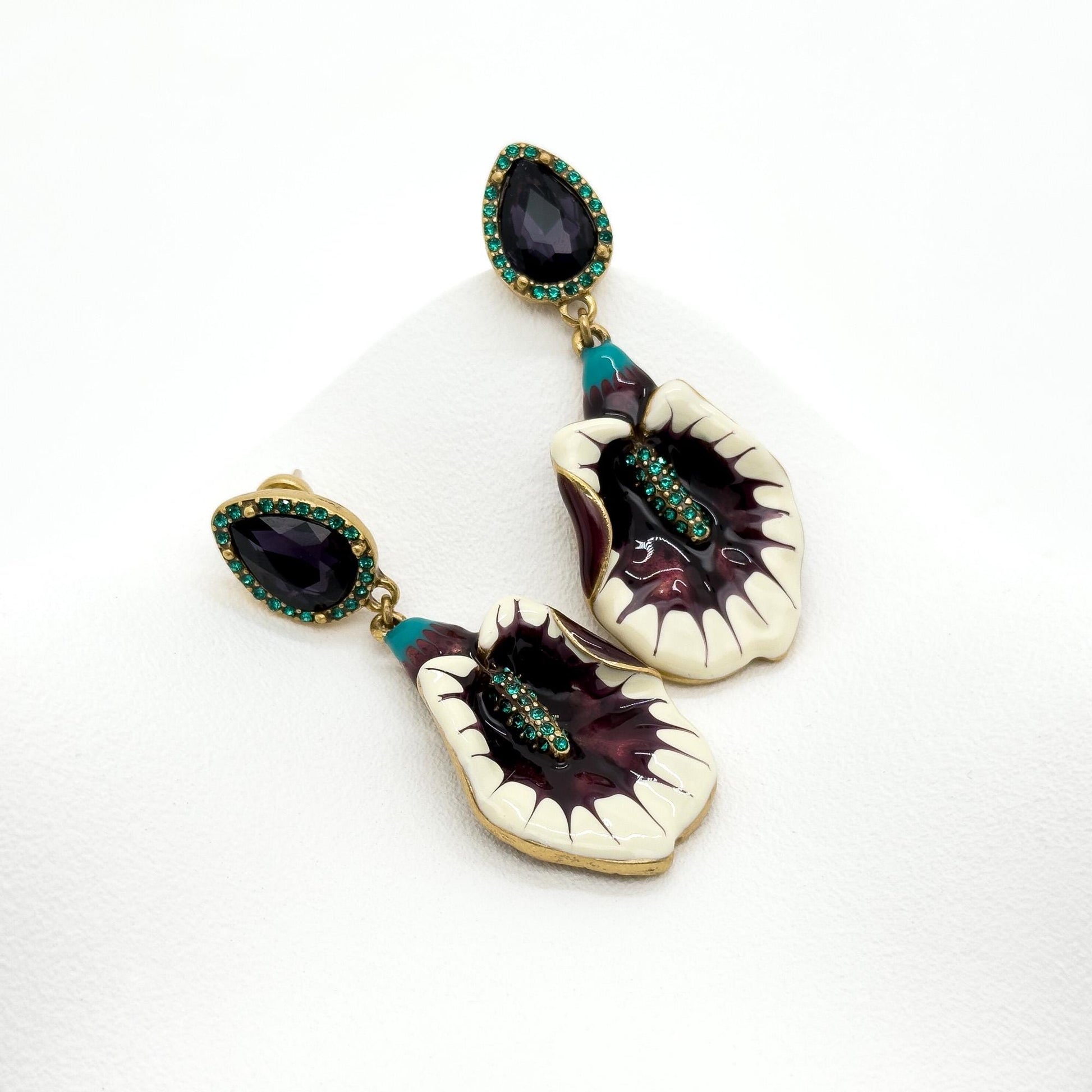 Vintage Art Deco Morning Glory Drop Earrings Purple Enamel