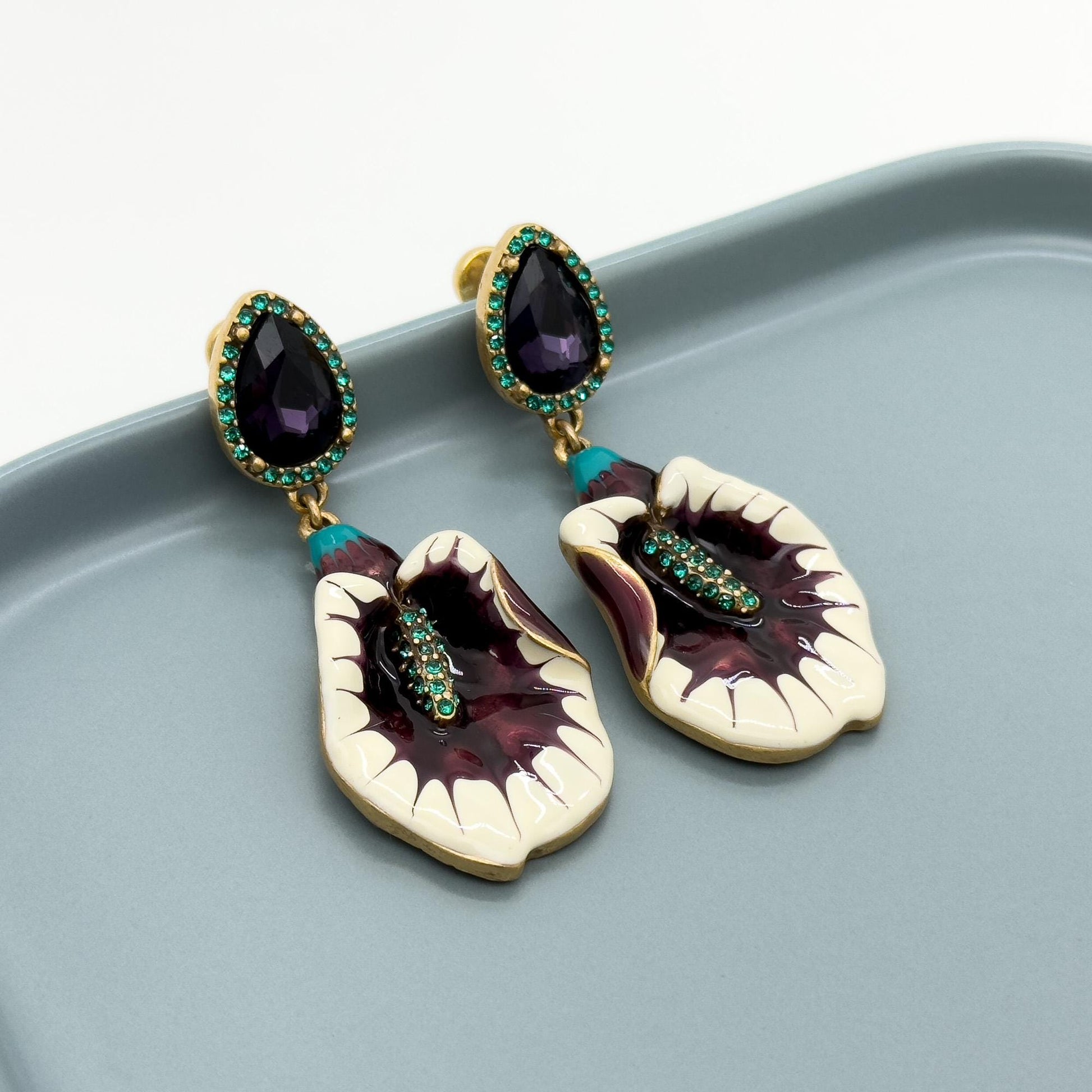 Vintage Art Deco Morning Glory Drop Earrings Purple Enamel