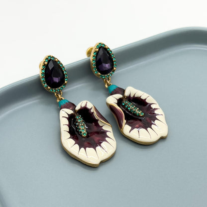 Vintage Art Deco Morning Glory Drop Earrings Purple Enamel