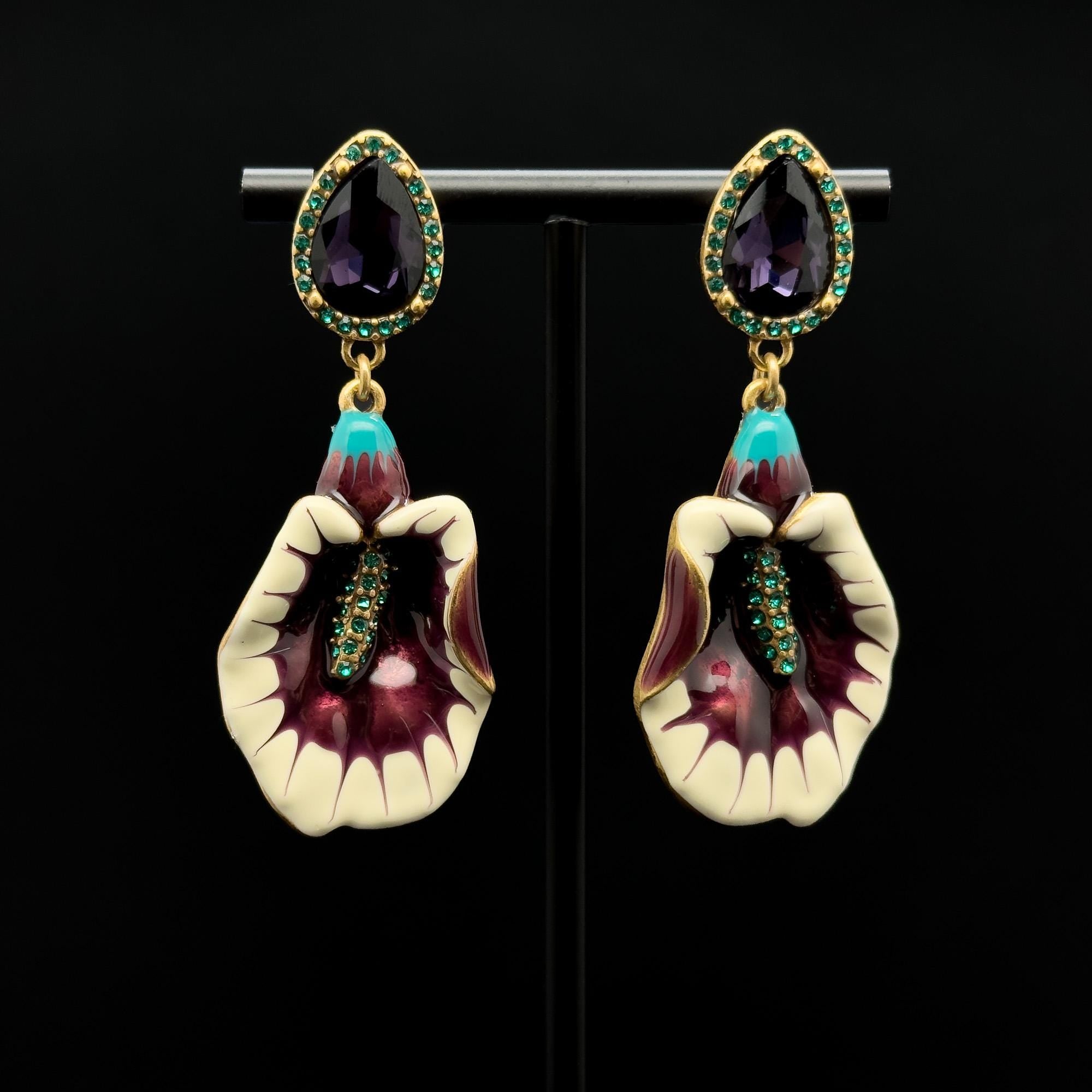 Vintage Art Deco Morning Glory Drop Earrings Purple Enamel