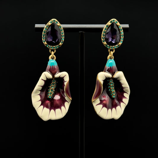 Vintage Art Deco Morning Glory Drop Earrings Purple Enamel