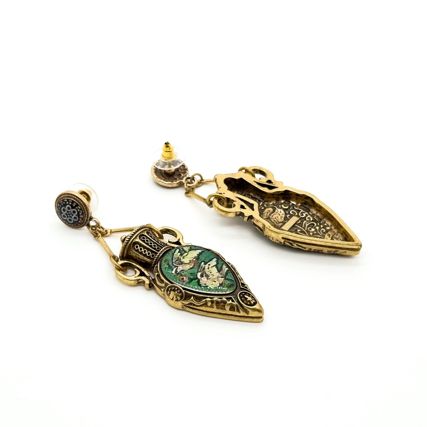 Vintage Art Deco Copper Pigeon Pendant Necklace and Earrings Set