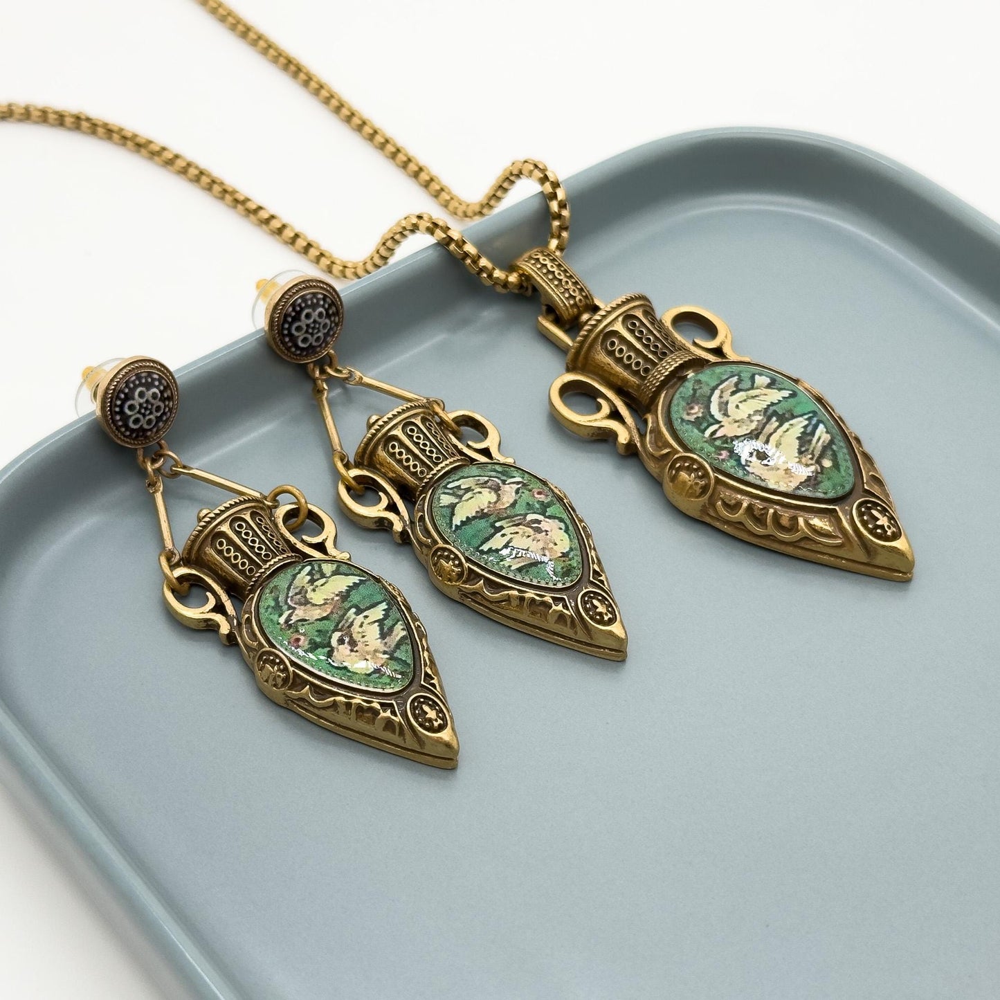 Vintage Art Deco Copper Pigeon Pendant Necklace and Earrings Set