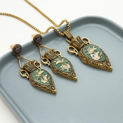 Vintage Art Deco Copper Pigeon Pendant Necklace and Earrings Set