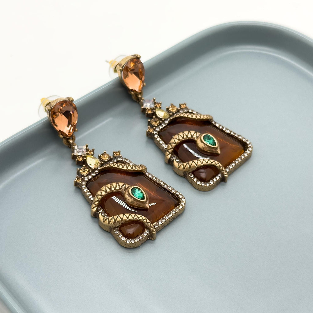 Vintage Art Deco Snake Zircon Resin Copper Statement Stud Earrings
