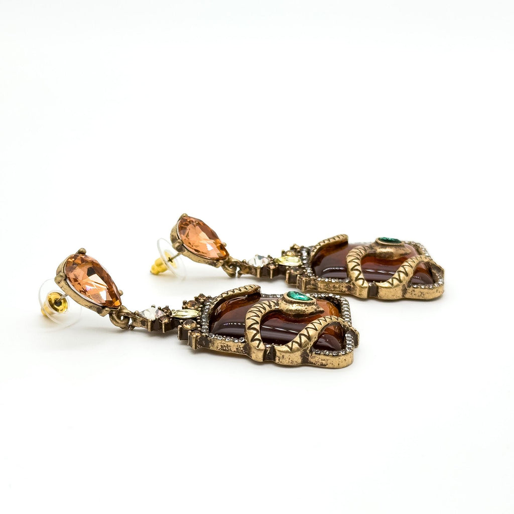 Vintage Art Deco Snake Zircon Resin Copper Statement Stud Earrings