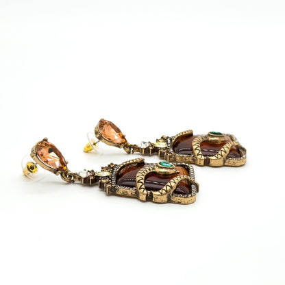 Vintage Art Deco Snake Zircon Resin Copper Statement Stud Earrings