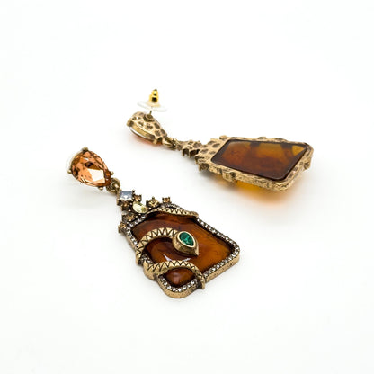 Vintage Art Deco Snake Zircon Resin Copper Statement Stud Earrings