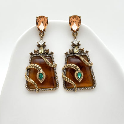 Vintage Art Deco Snake Zircon Resin Copper Statement Stud Earrings