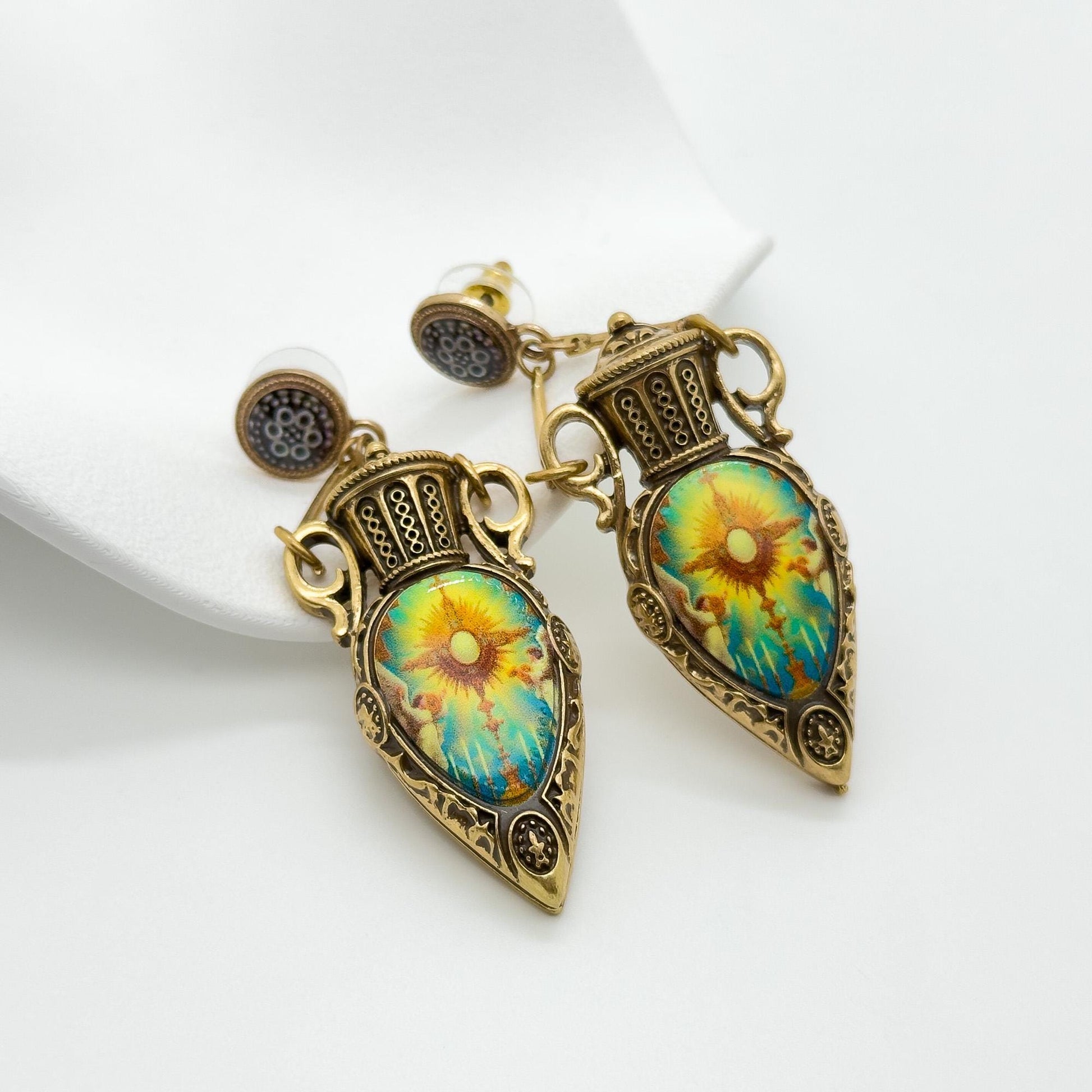 Vintage Art Deco Resin Copper Sun Pendant Earrings Set