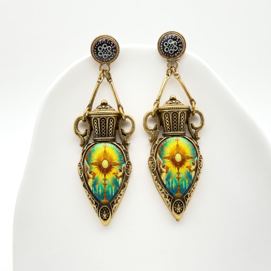 Vintage Art Deco Resin Copper Sun Pendant Earrings Set