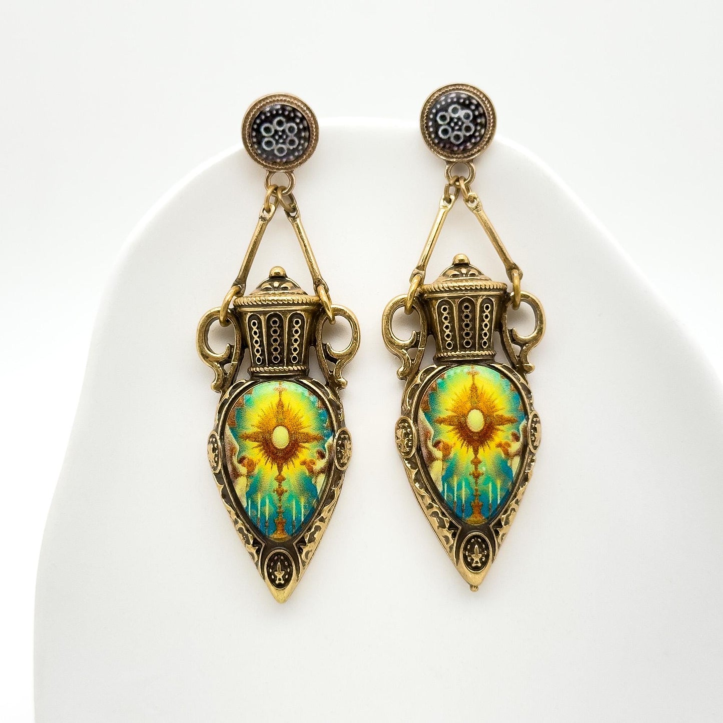 Vintage Art Deco Resin Copper Sun Pendant Earrings Set