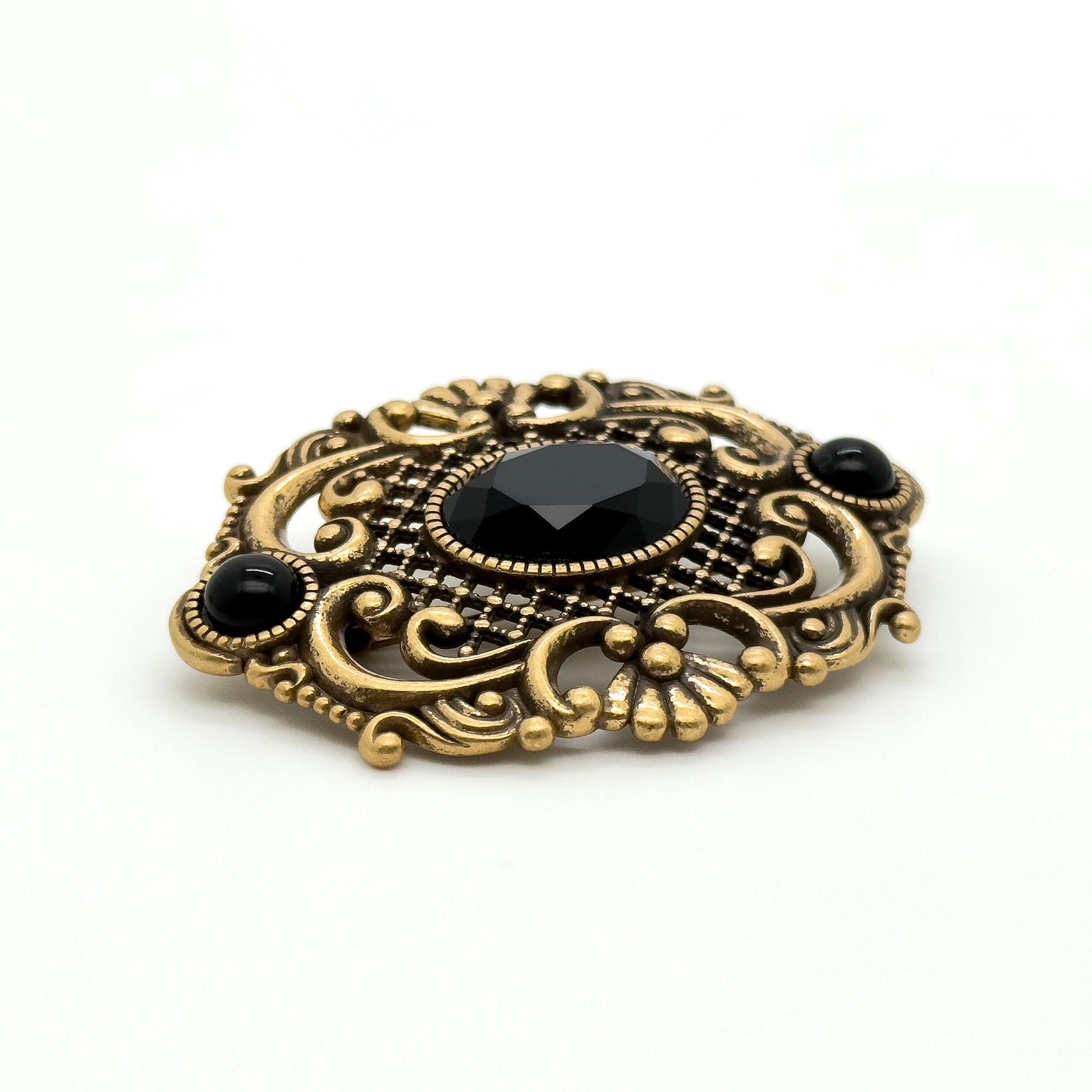 Art Deco Black Crystal Leaf Brooch Vintage Copper Glass Pin