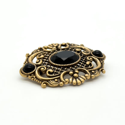 Art Deco Black Crystal Leaf Brooch Vintage Copper Glass Pin