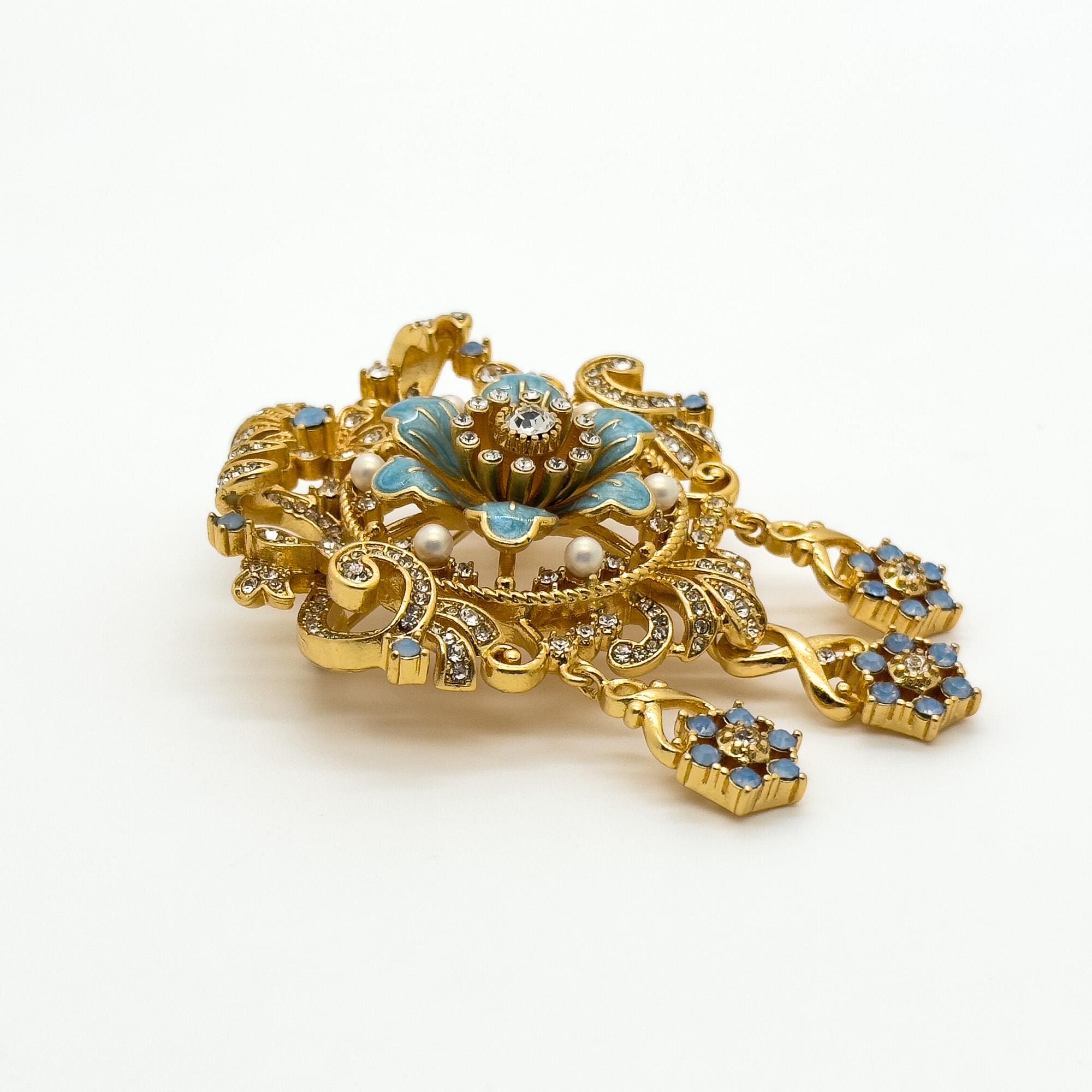 Vintage Art Deco Pearl and Rhinestone Enamel Crown Court Brooch