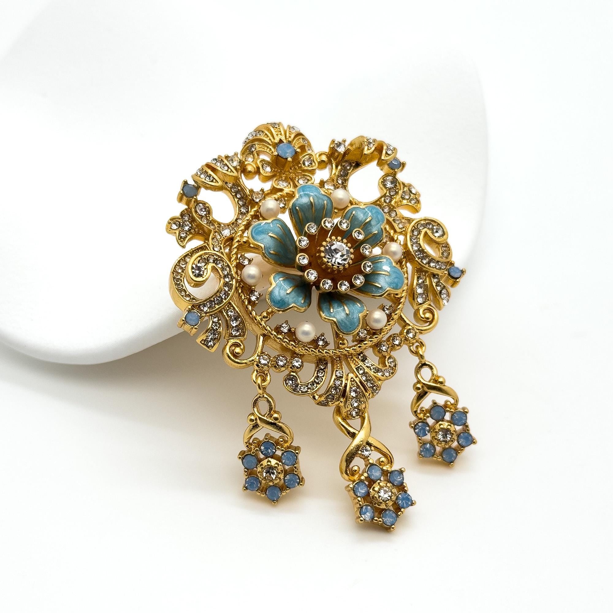Vintage Art Deco Pearl and Rhinestone Enamel Crown Court Brooch