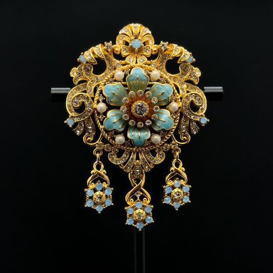 Vintage Art Deco Pearl and Rhinestone Enamel Crown Court Brooch