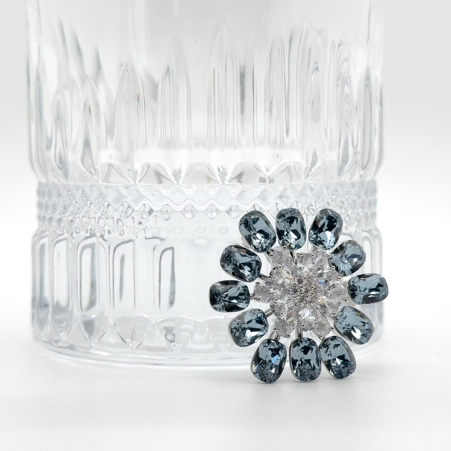 Blue Crystal Flower Brooch, Sparkling Zircon Copper Suit Brooch