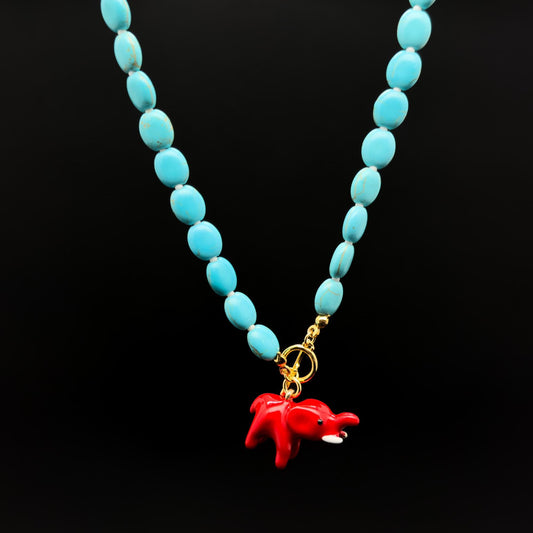 Vintage Art Deco Turquoise Elephant Pendant Beaded Copper Necklace