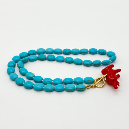 Vintage Art Deco Turquoise Elephant Pendant Beaded Copper Necklace