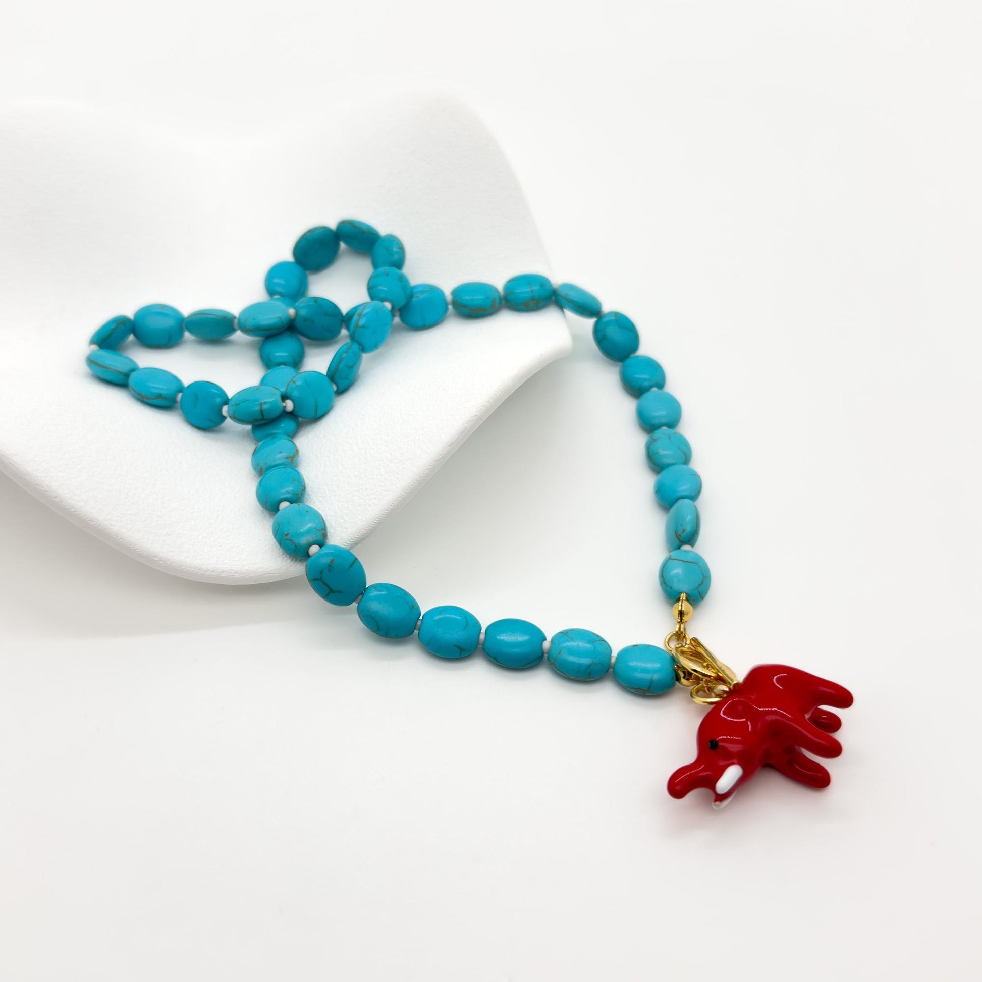 Vintage Art Deco Turquoise Elephant Pendant Beaded Copper Necklace