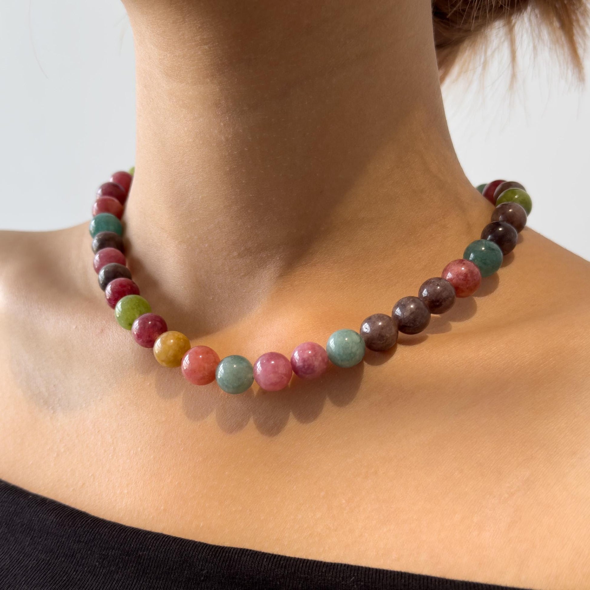 Art Deco Beaded Gemstone Necklace and Bracelet Set Multi‑colour