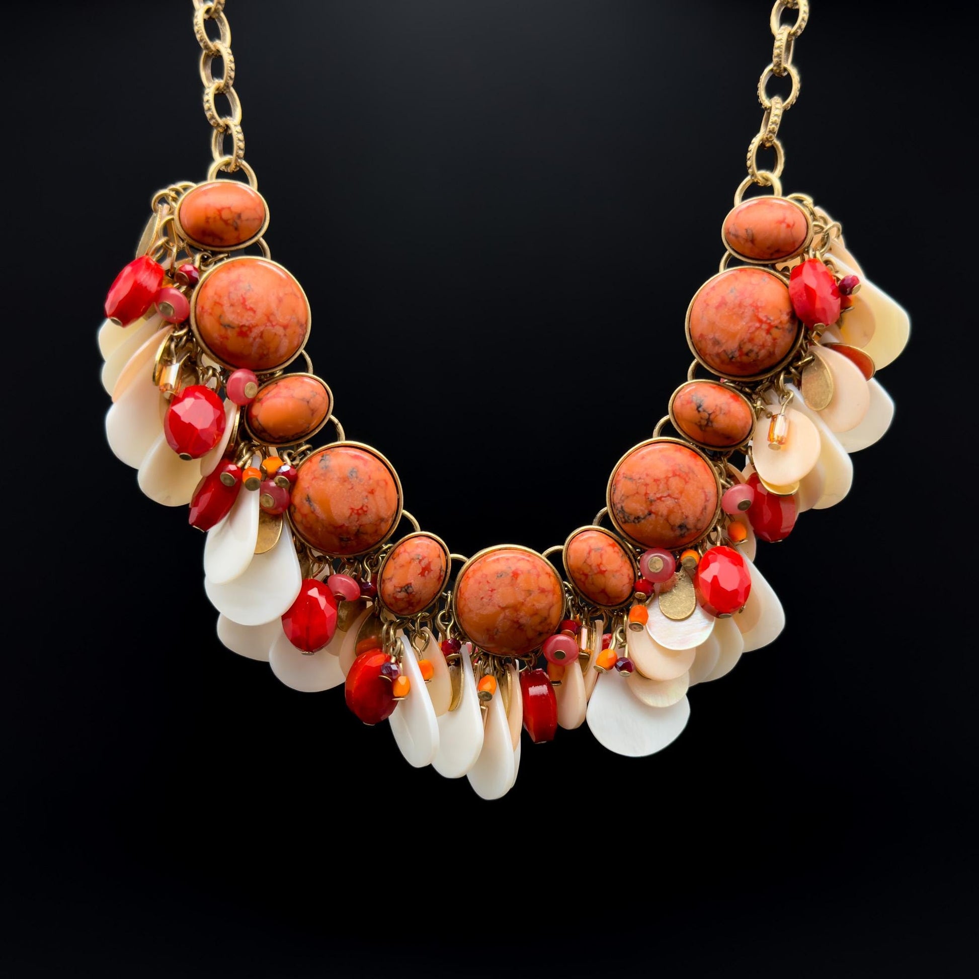 Vintage Art Deco Mother-of-Pearl Gemstone Pendant Necklace Boho Party